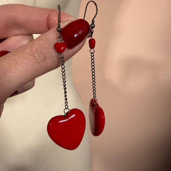 Vintage Red glass Heart Sterling silver oversized Modernist dangle Earrings - Picture 5 of 15